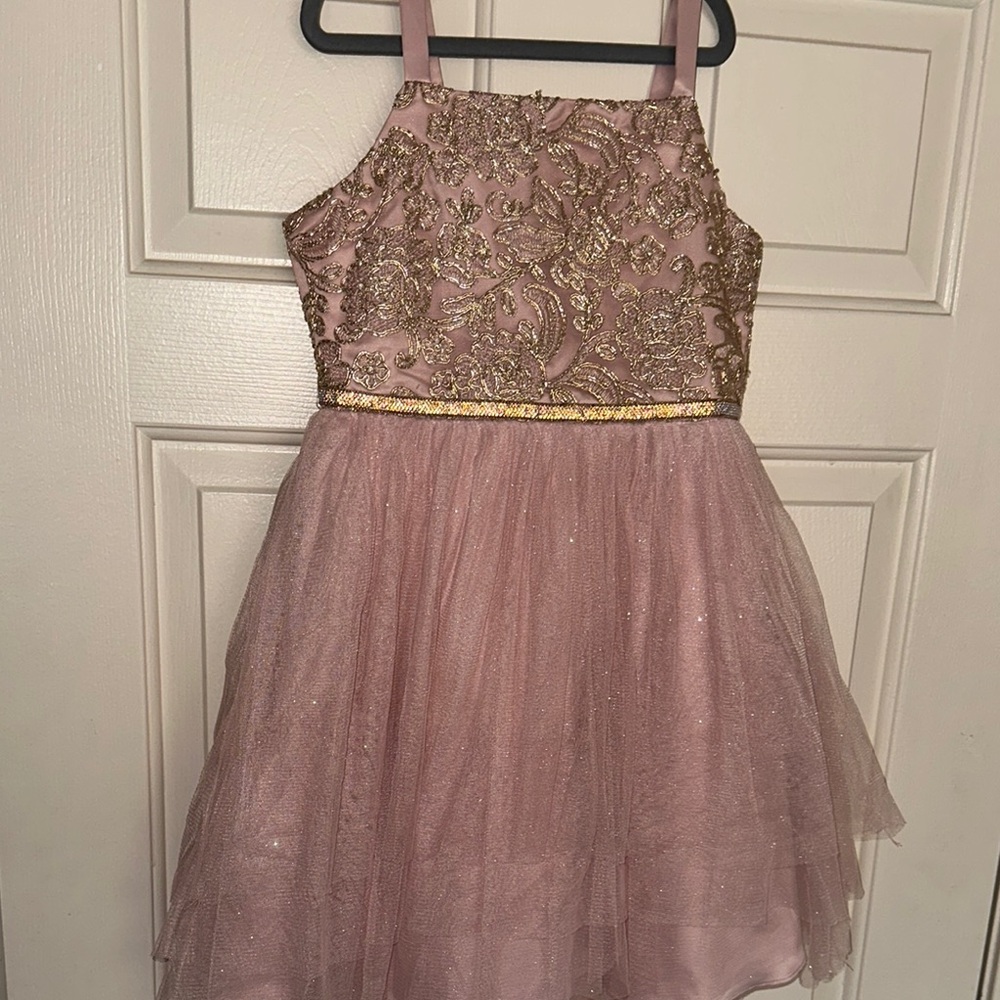 Rare Editions Gold and Pink Embellished Tiered Prom Dress